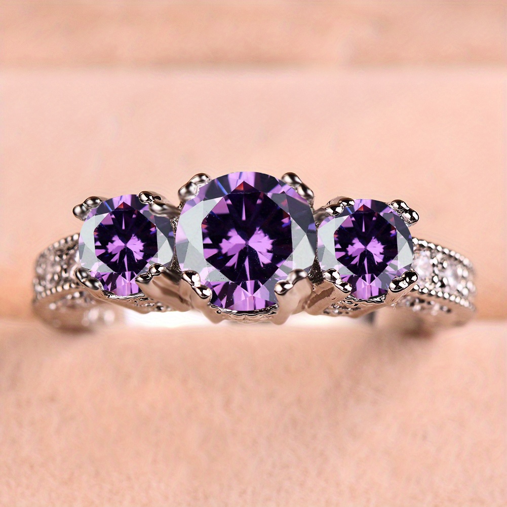 Silvery Three Stone Zirconia Engagement Wedding Band Ring